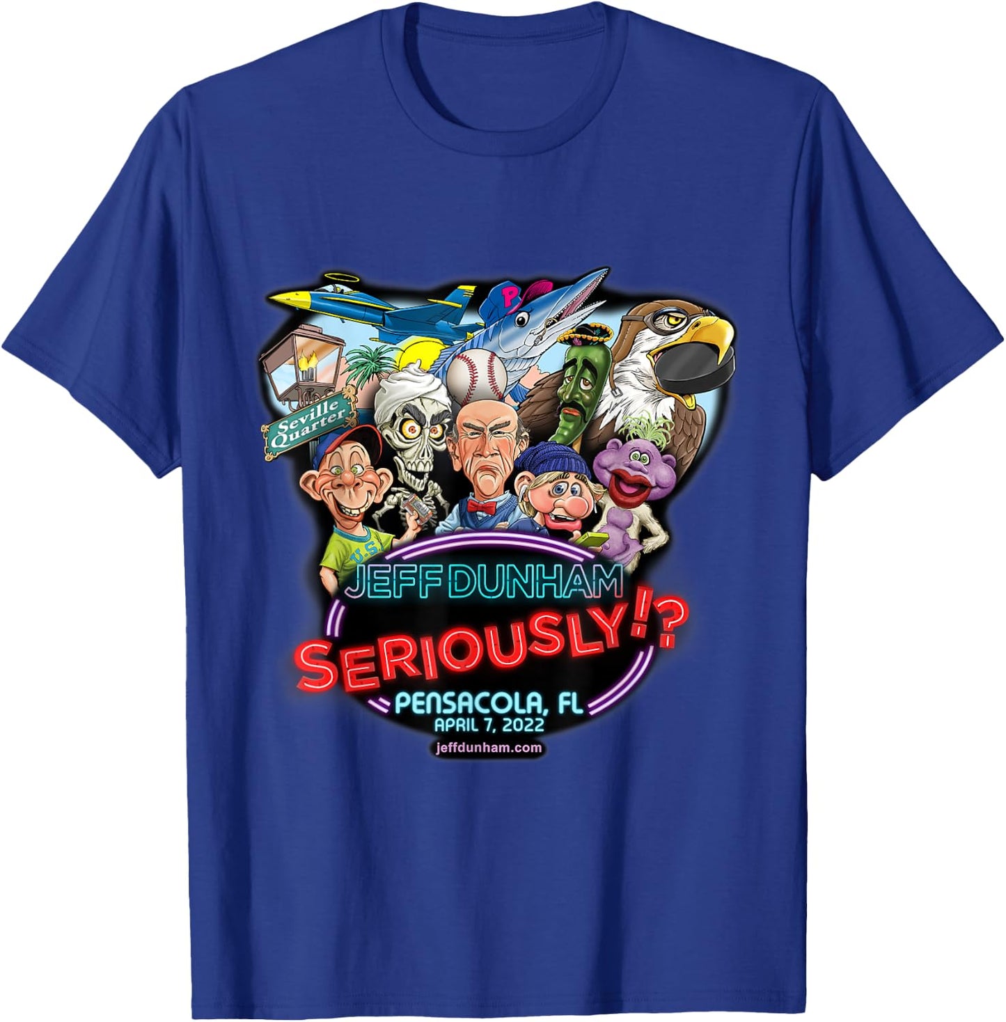 Jeff Dunham -Adults Black Cotton , Small, Short Sleeve, Classic Fit, Pensacola, FL (2022) T-Shirt - T-Shirt | Royal