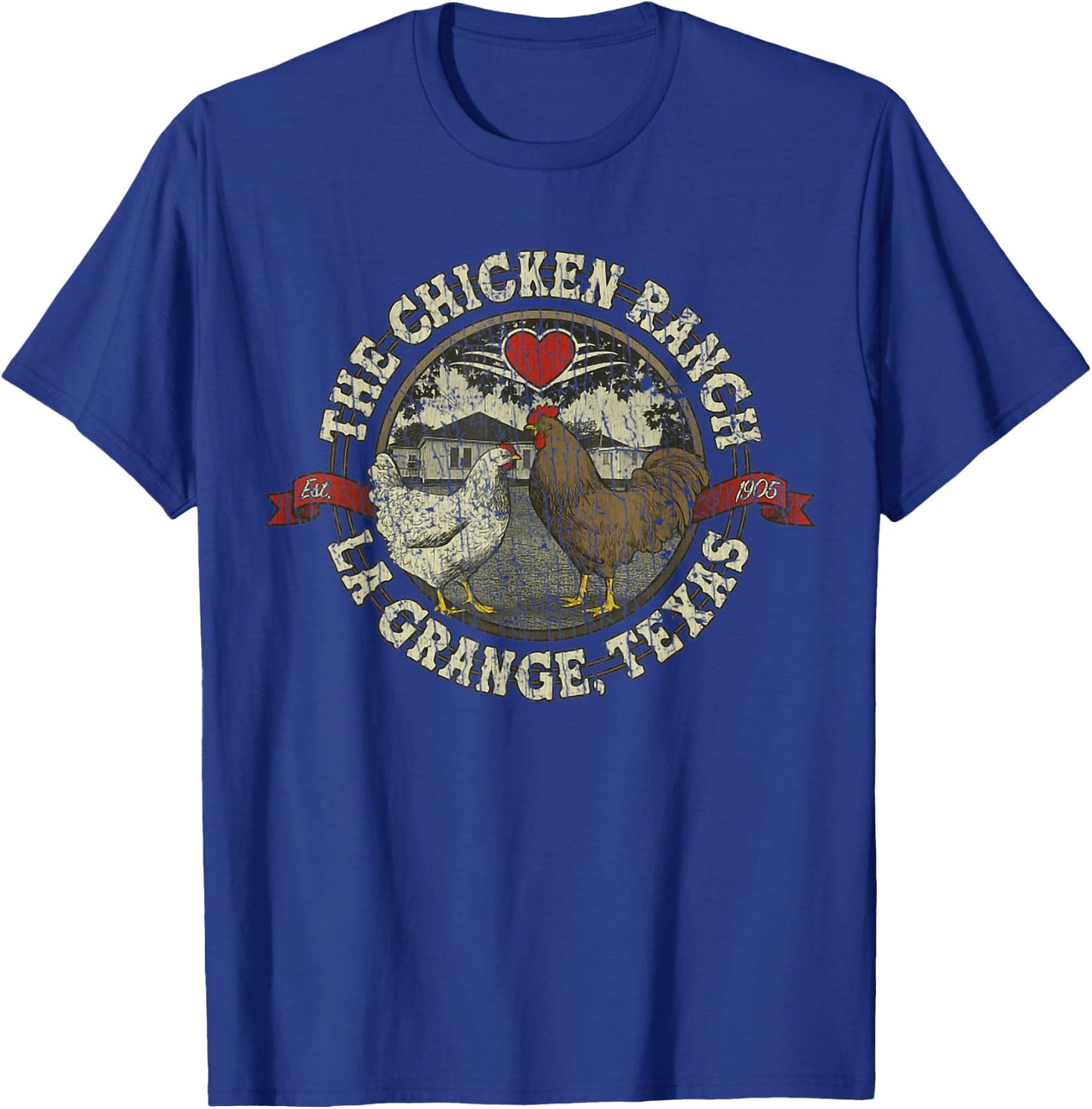 The Chicken Ranch La Grange 1905 Vintage Retro Distressed - Black, Small, Short Sleeve, , Classic Fit, Rayon, Letter Print, Women's, Girls, Casual, All Seasons T-Shirt - T-Shirt | Royal
