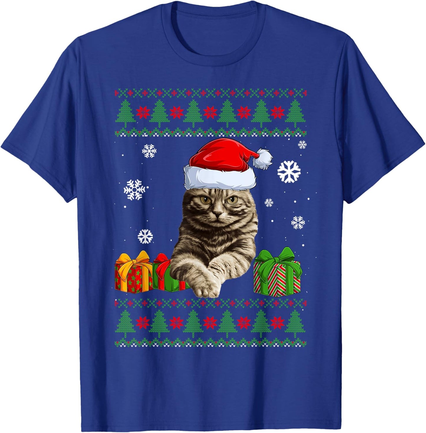 Funny Cat lovers Cute Cat Santa Hat Ugly Christmas Sweater Women Kids T-Shirt - T-Shirt | Royal