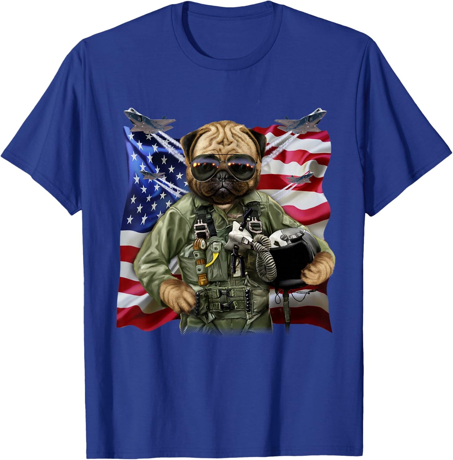 Pug Dog Fighter Jet Pilot with Flag of USA T-Shirt - T-Shirt | Royal