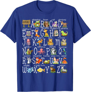 Alphabet Animals Back to School Pre-K Kindergarten Teacher T-Shirt - T-Shirt | Royal