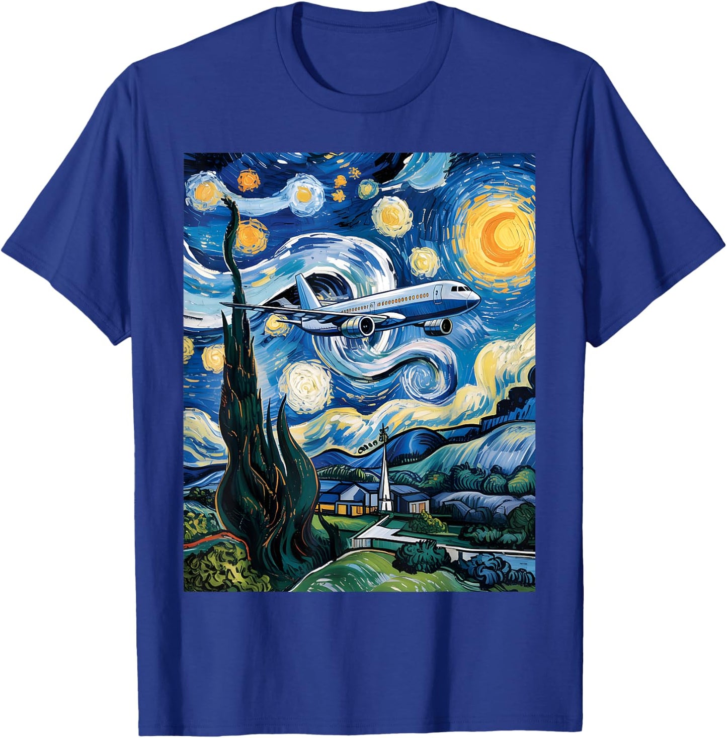 Airplane Starry Night Van Gogh Graphic Aviation Plane Pilot T-Shirt - T-Shirt | Royal