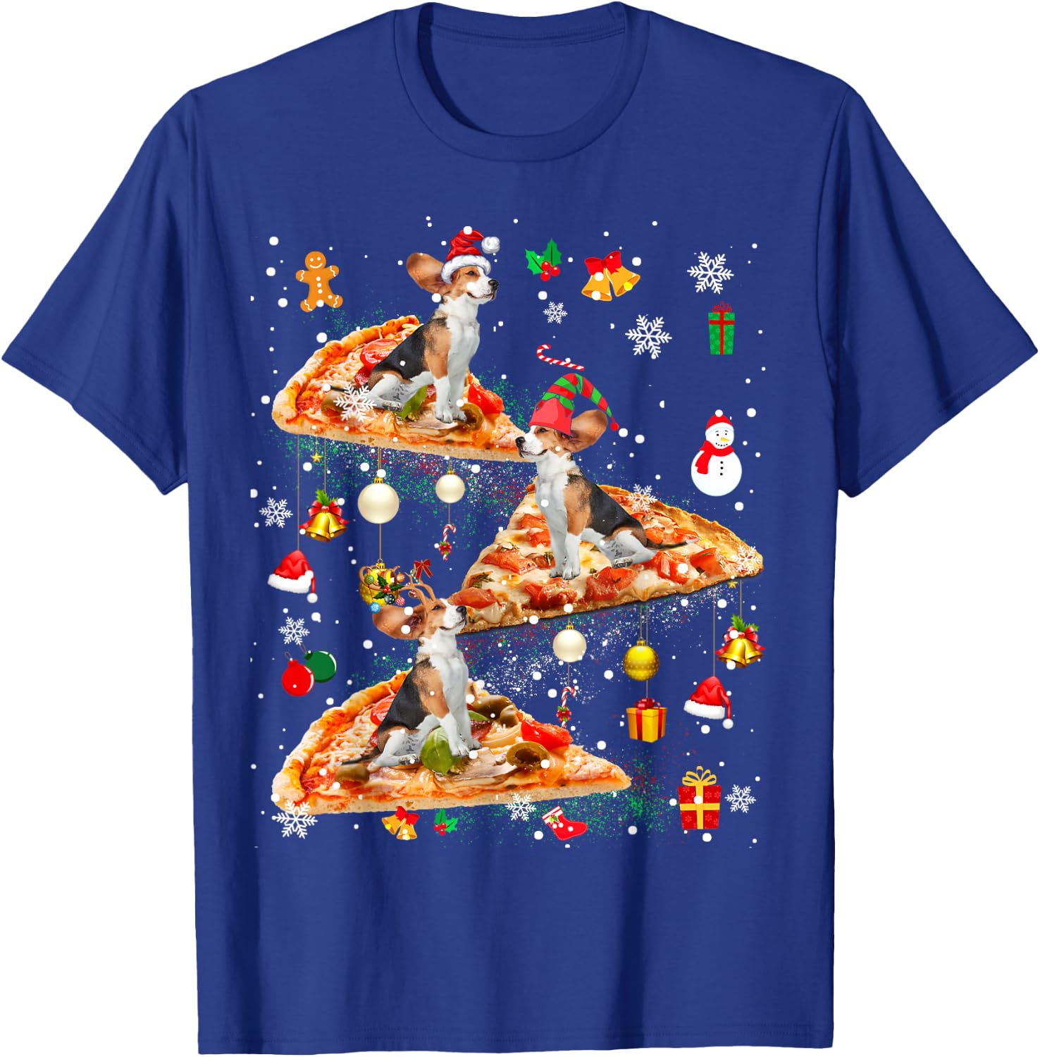 Santa Reindeer Elf Beagle Riding Pizza Galaxy Ornaments T-Shirt - T-Shirt | Royal