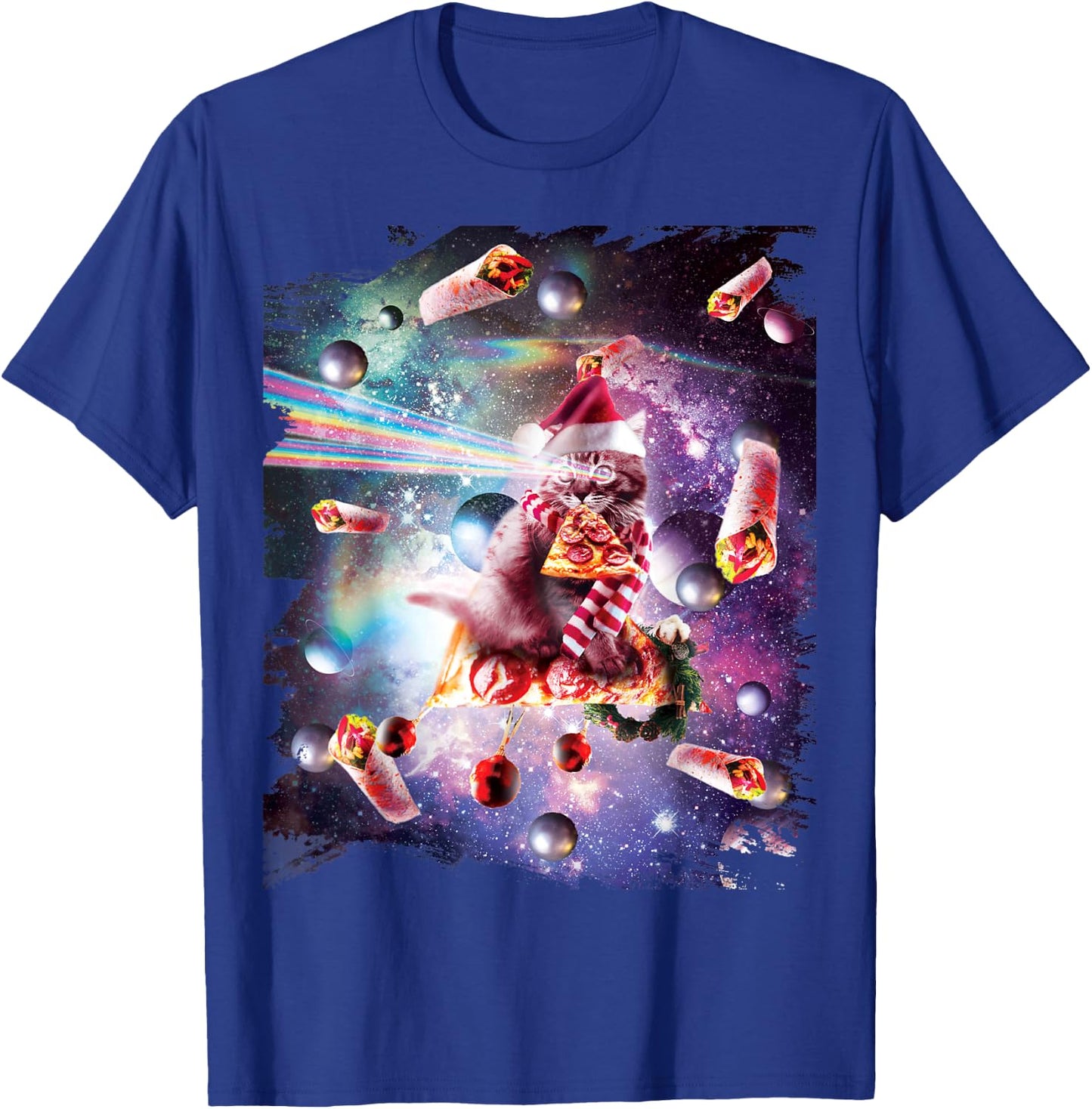 Christmas Space Cat Eating Pizza - Laser Eyes Xmas X-Mas Women Kids T-Shirt - T-Shirt | Royal
