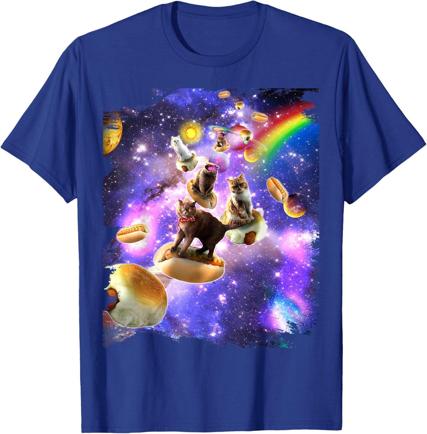 Space Cats Riding Hot Dogs Cat In Rainbow Galaxy T-Shirt - T-Shirt | Royal