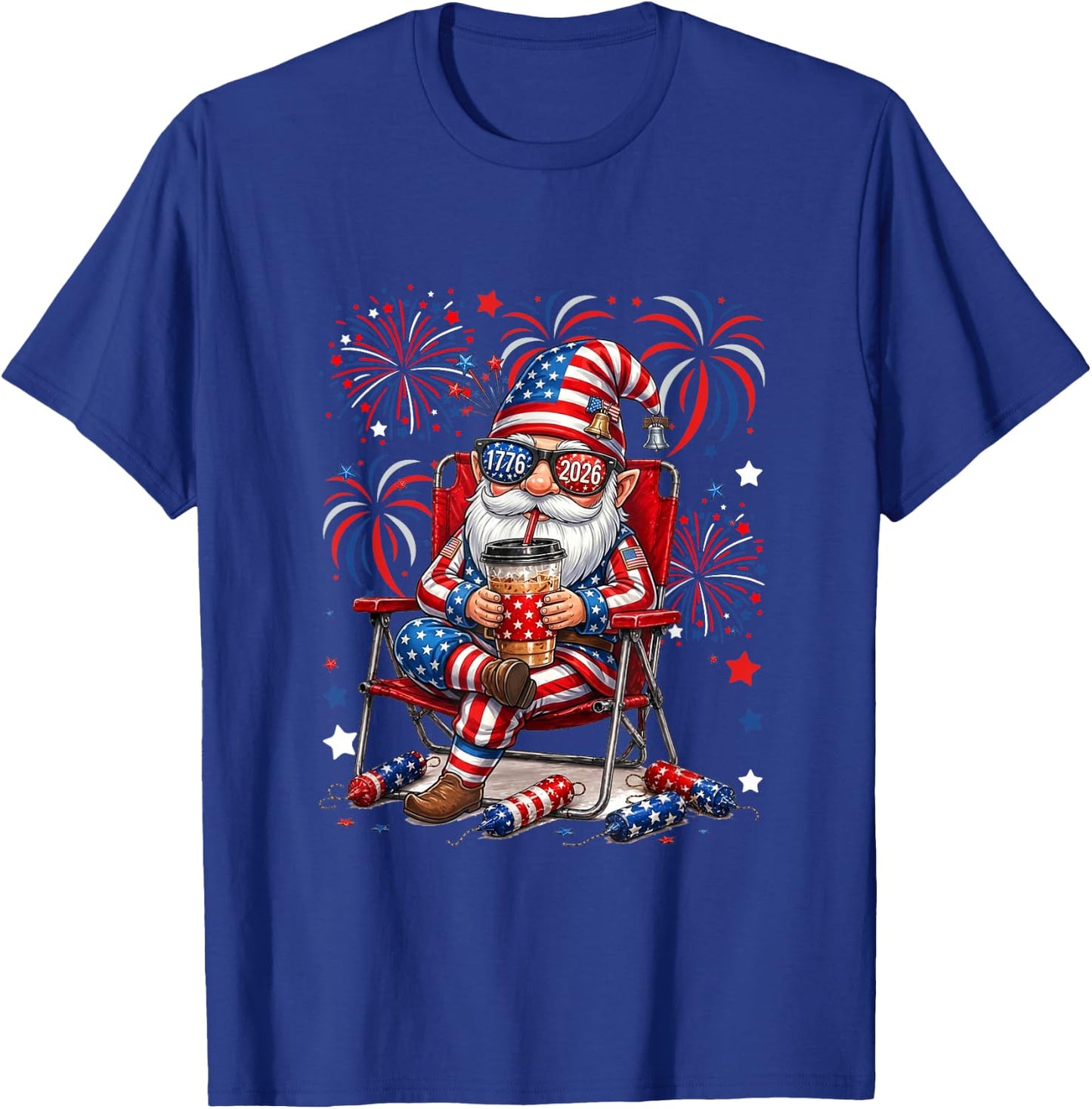 Gnome Sunglasses US Flag Drinking Coffee 4th July Patriotic T-Shirt - T-Shirt | Royal