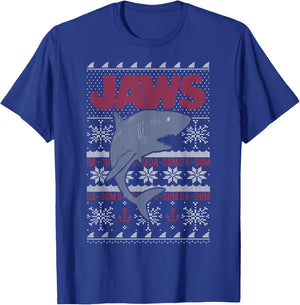 Jaws Dun Dun Shark Ugly Christmas Sweater Graphic T-Shirt - T-Shirt | Royal