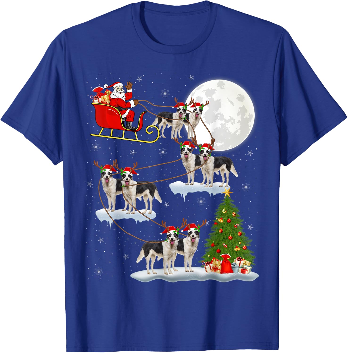 Xmas Lighting Tree Santa Riding Border Collie Christmas T-Shirt - T-Shirt | Royal