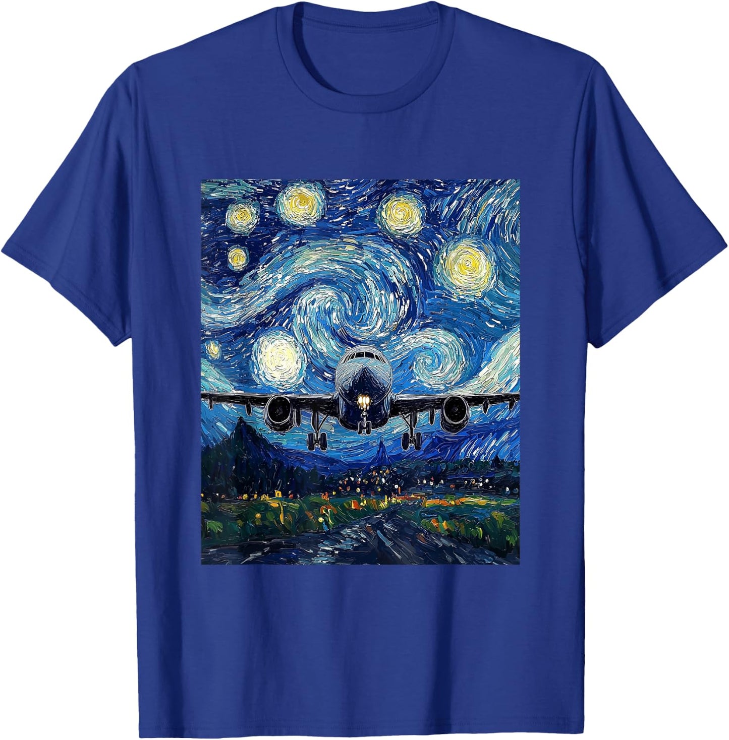Airplane Flight Pilot Van Gogh Style Starry Night Graphic T-Shirt - T-Shirt | Royal