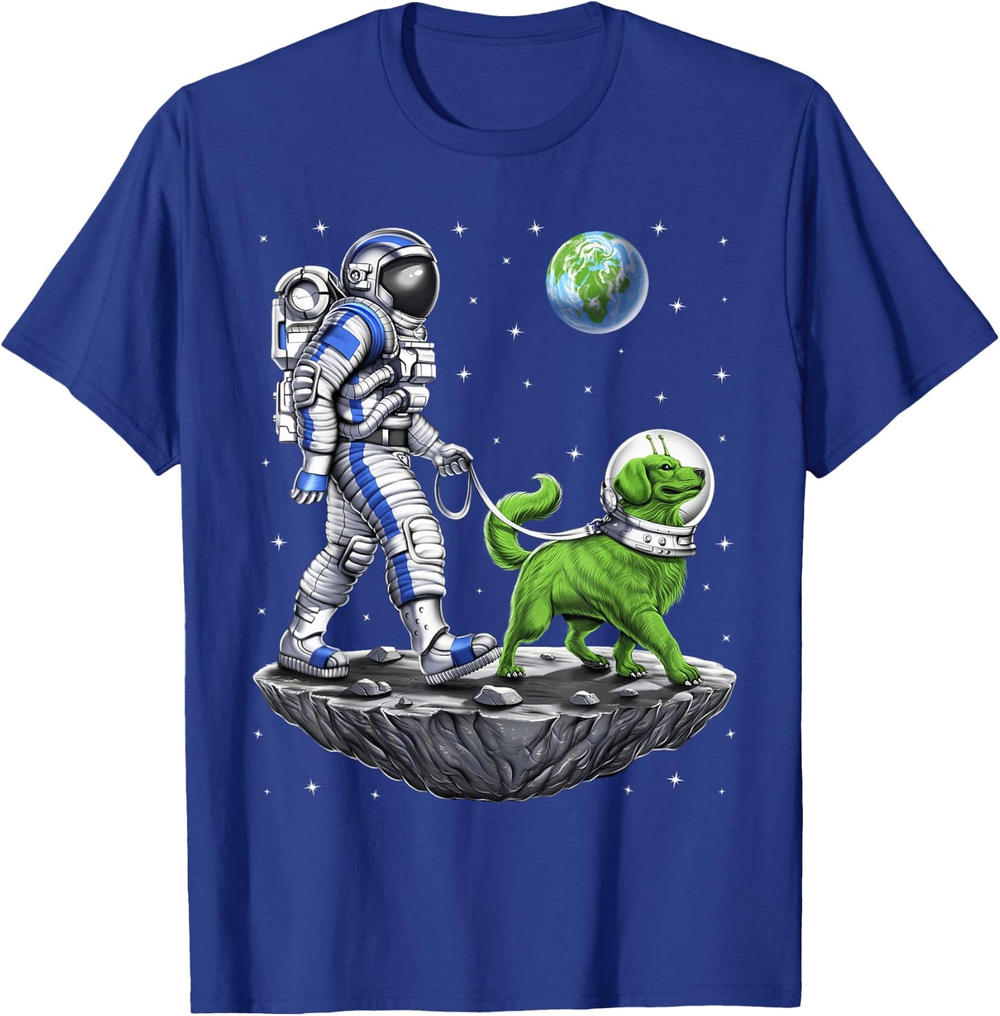 Space Astronaut Walking Alien Dog Planet Earth T-Shirt - T-Shirt | Royal