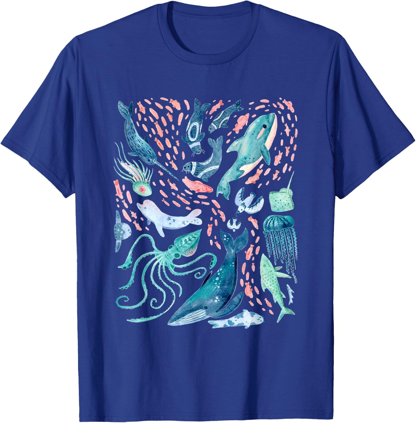 Watercolor Arctic Whales Fish Beluga Narwhal Squid Jellyfish T-Shirt - T-Shirt | Royal