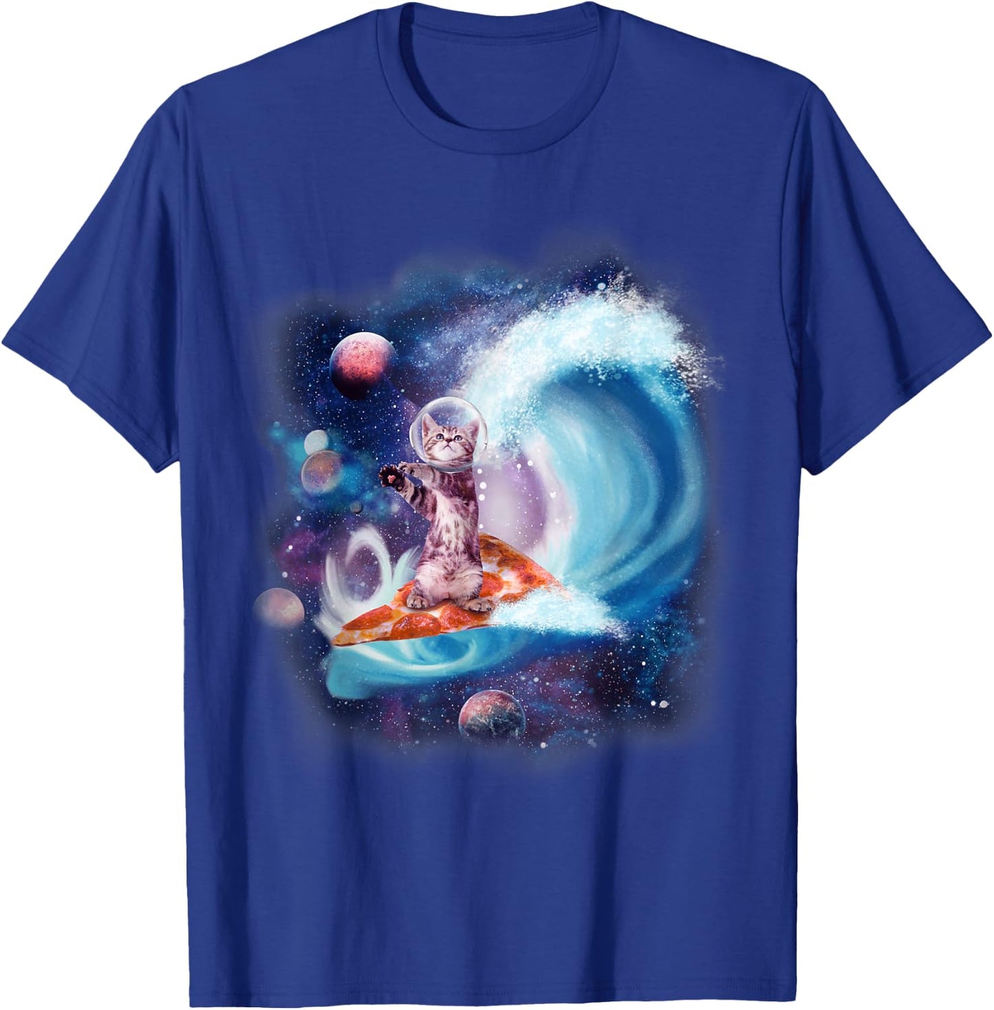Cat Wearing Helmet Surfing On Pizza Surfboard Funny Men Women Kids T-Shirt - T-Shirt | Royal