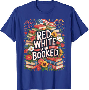 Retro Floral Red White & Booked Library Reading 4th Of July T-Shirt - T-Shirt | Royal
