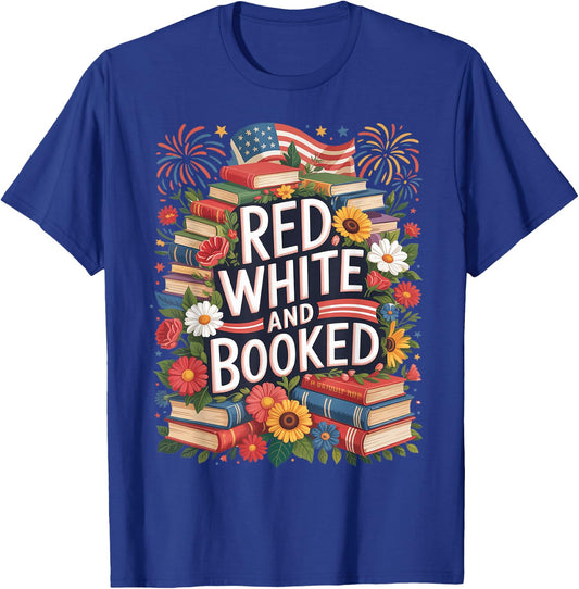 Retro Floral Red White & Booked Library Reading 4th Of July T-Shirt - T-Shirt | Royal