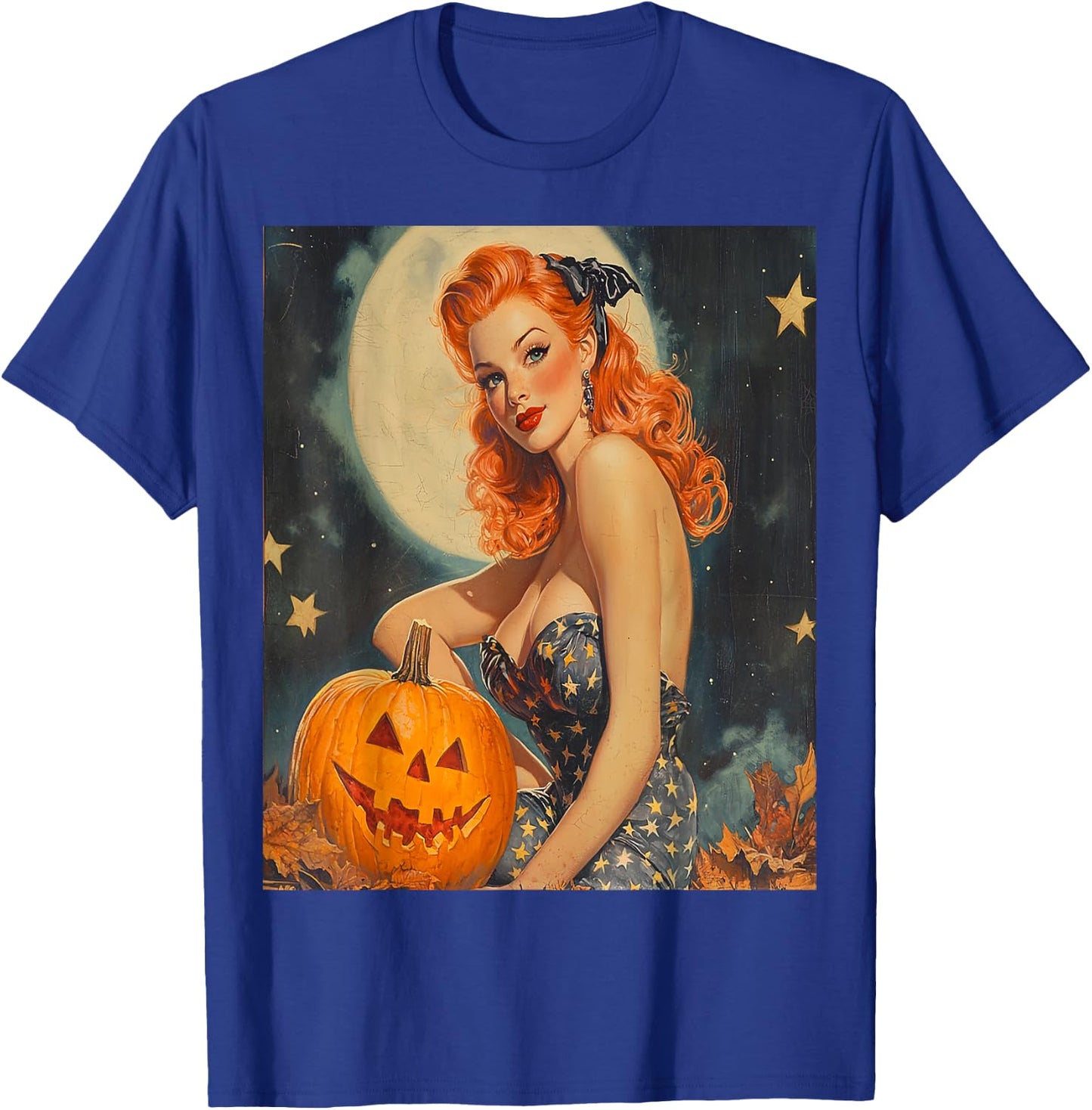 Retro Vintage Pumpkin Halloween Pinup Girl Model Posing Art T-Shirt - T-Shirt | Royal