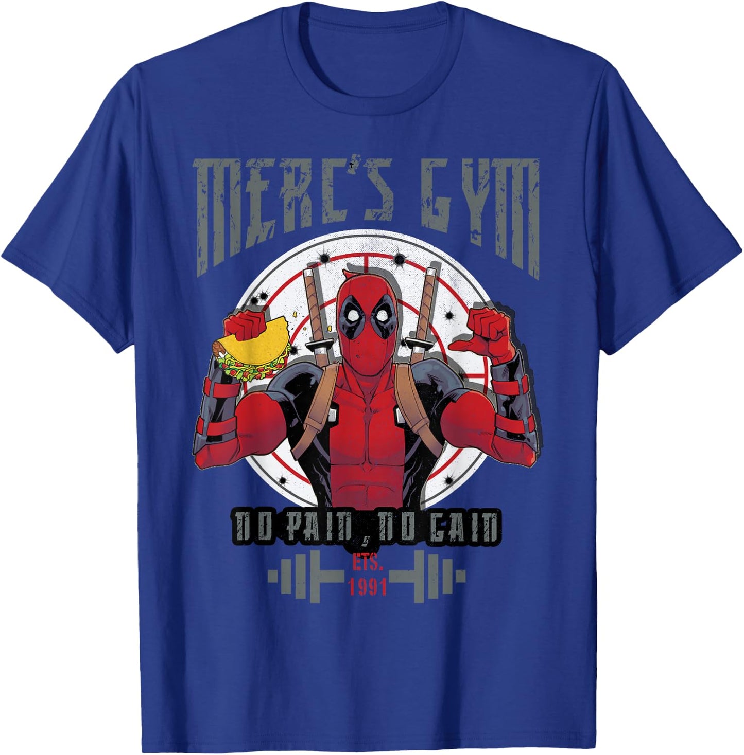 Marvel Deadpool Merc's Gym No Pain No Gain T-Shirt - T-Shirt | Royal