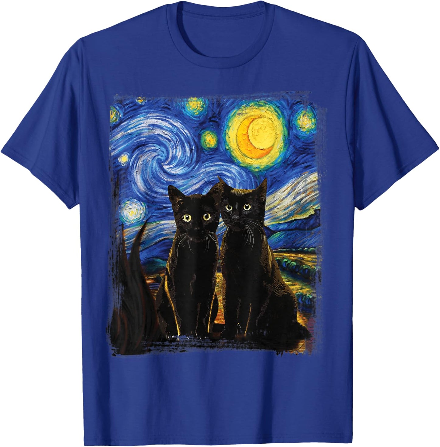 Starry Night Vincent Van Gogh Famous Painting Black Cats T-Shirt - T-Shirt | Royal
