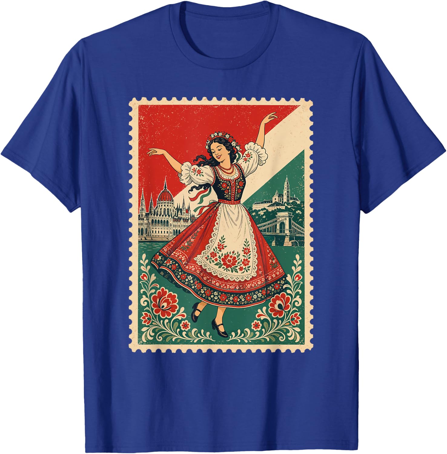 Vintage Hungary Flag Stamp Hungarian Folk Dancer Design T-Shirt - T-Shirt | Royal