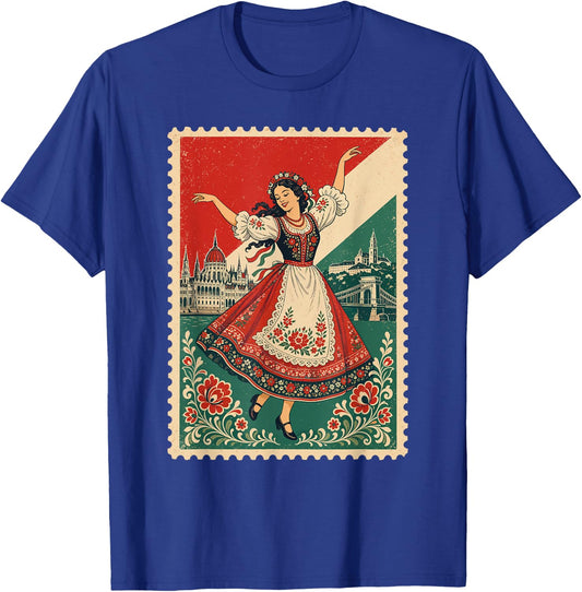 Vintage Hungary Flag Stamp Hungarian Folk Dancer Design T-Shirt - T-Shirt | Royal