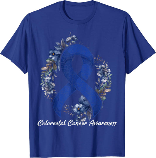Vintage Dark Blue Ribbon Floral Colorectal Cancer Awareness T-Shirt - T-Shirt | Royal