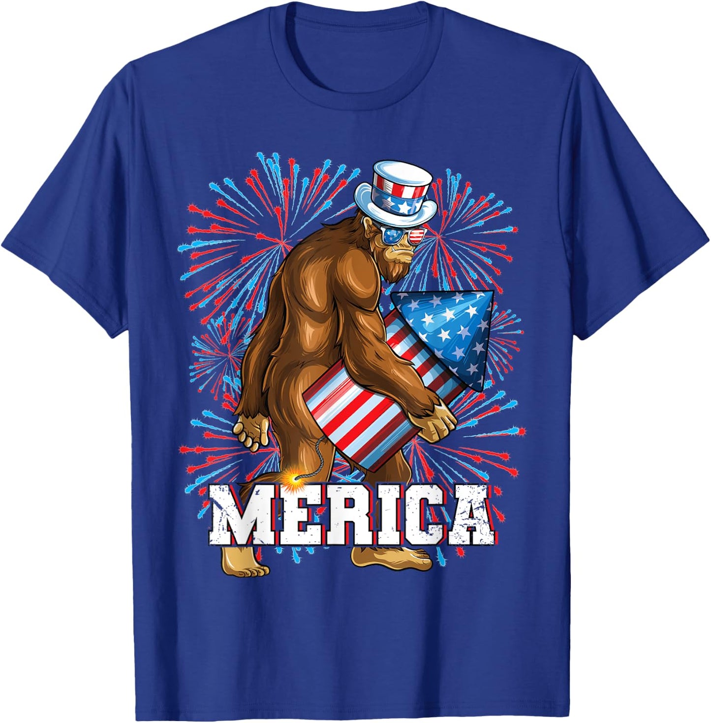 Bigfoot Fireworks 4th of July Boys Men Merica T-Shirt - T-Shirt | Royal