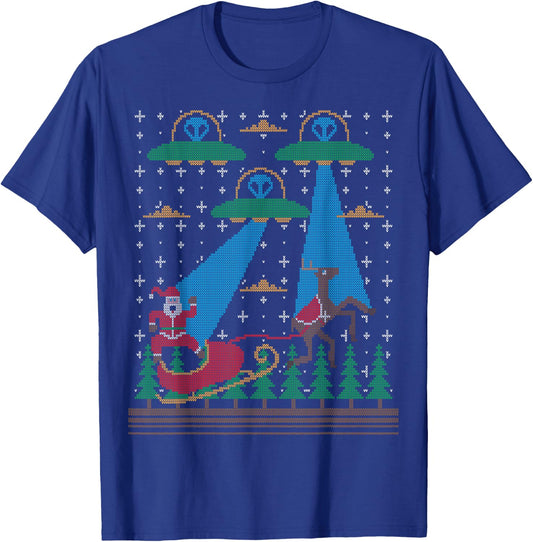 Santa Claus Alien Invasion Space UFO Ugly Christmas Sweater T-Shirt - T-Shirt | Royal