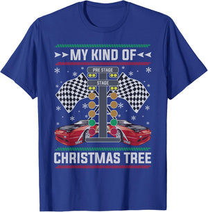 My Kind Of Christmas Tree Drag Racing Ugly Christmas Sweater T-Shirt - T-Shirt | Royal