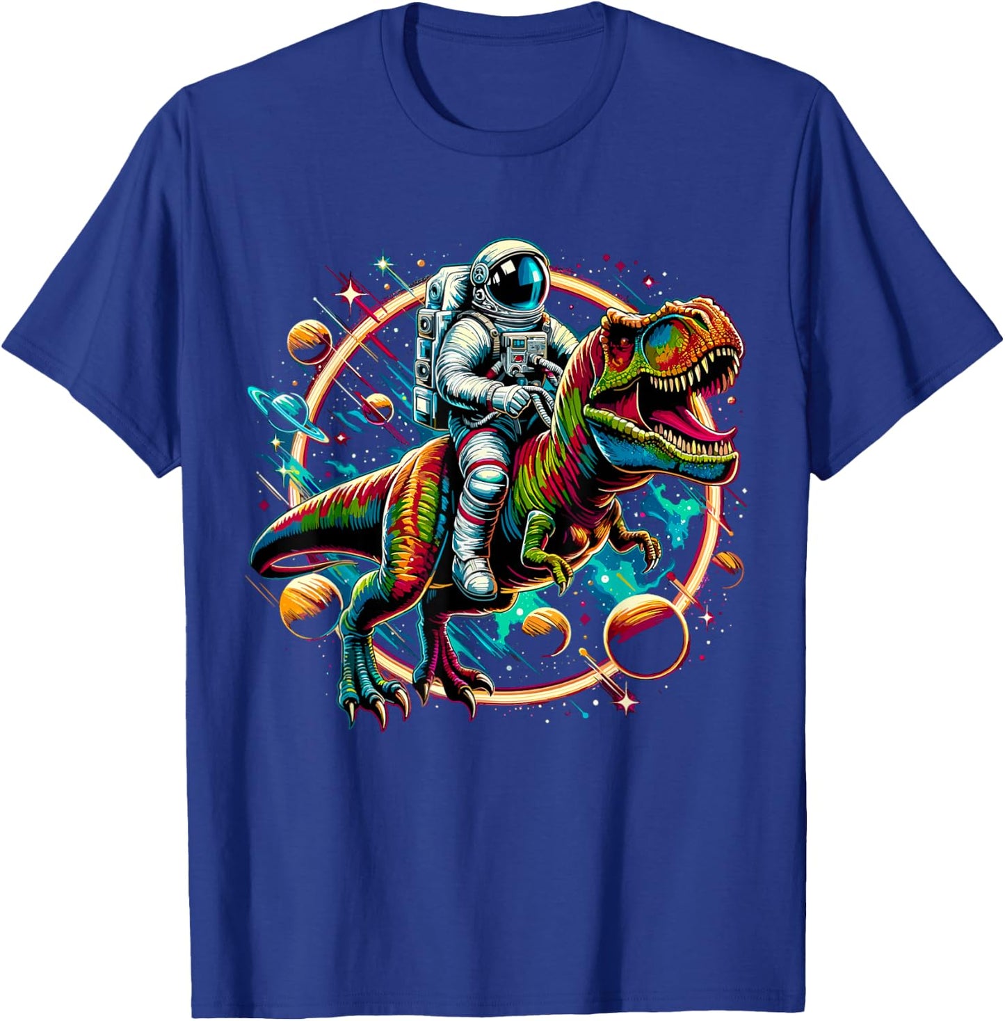 Astronaut Riding T-Rex Dinosaur Astro T-Rex Space T-Shirt - T-Shirt | Royal