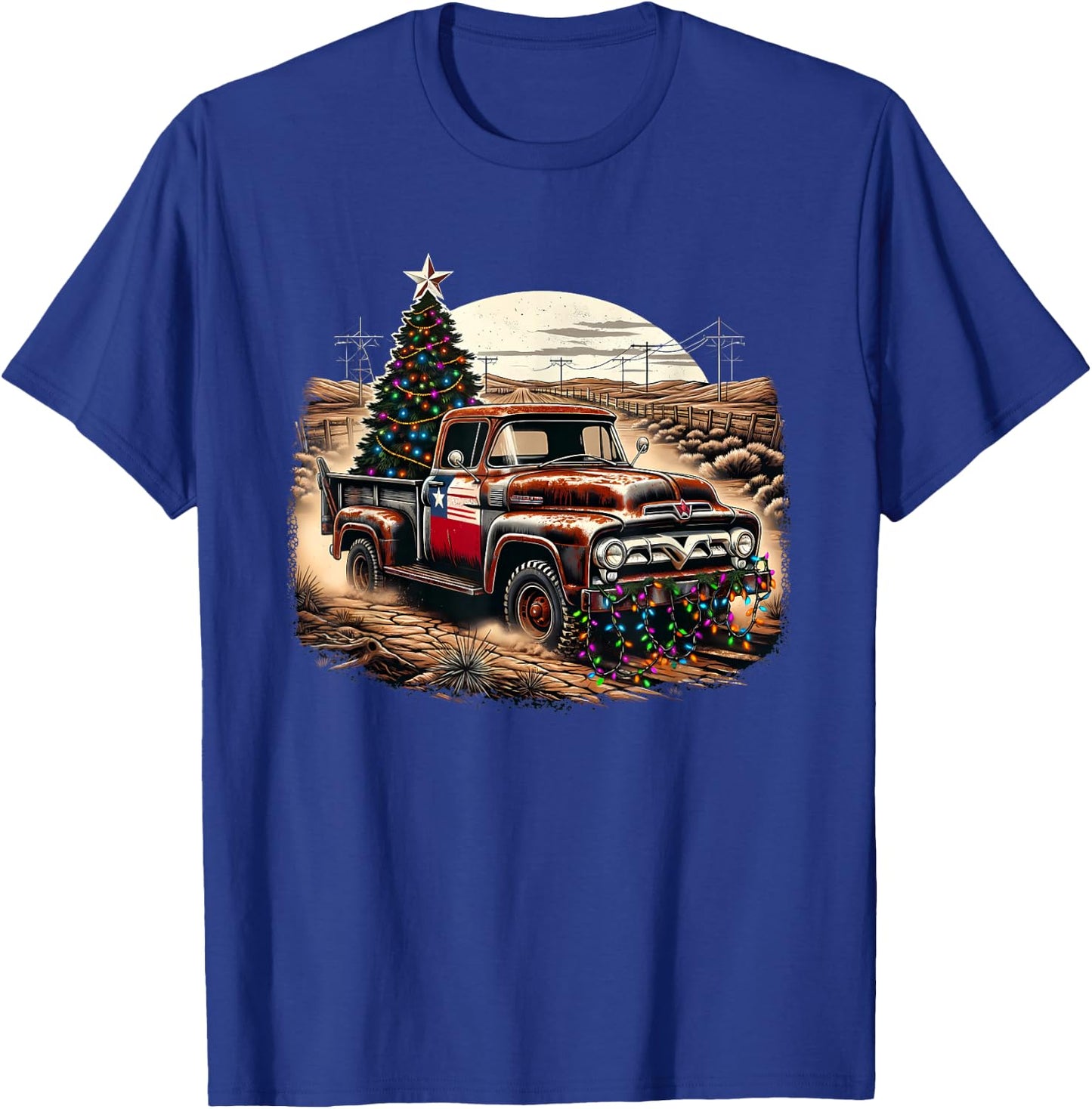 Vintage Christmas Truck - Tree And Fairy Lights T-Shirt - T-Shirt | Royal