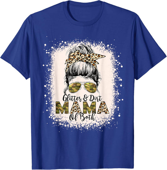 Glitter & Dirt Mama of Both Leopard Camo Messy Bun Bleached T-Shirt - T-Shirt | Royal