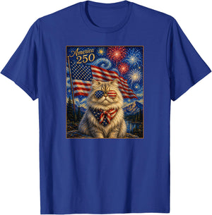 Persian Cat Art America 250 Anniversay 4th of July USA Flag T-Shirt - T-Shirt | Royal