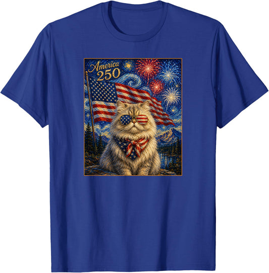 Persian Cat Art America 250 Anniversay 4th of July USA Flag T-Shirt - T-Shirt | Royal