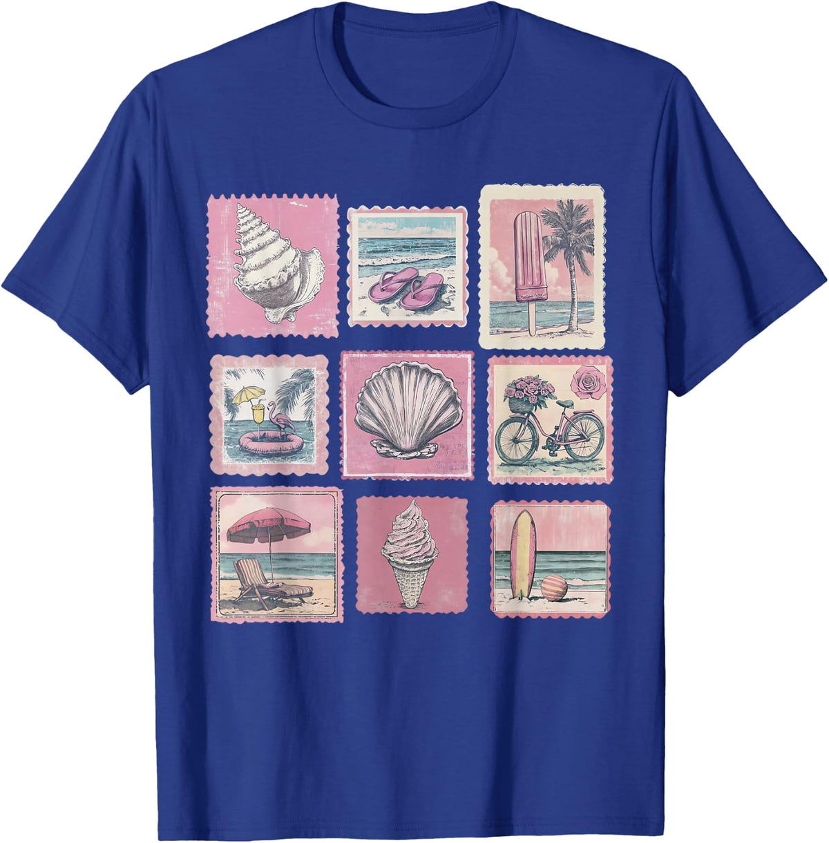 Vintage Pink Coastal Beach Summer Vacation Stamps Sea Lovers T-Shirt - T-Shirt | Royal