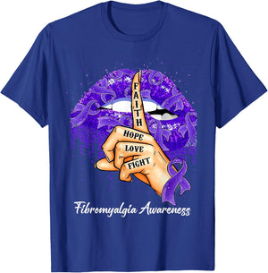 Faith Hope Love Fight Purple Ribbon Fibromyalgia Awareness T-Shirt - T-Shirt | Royal