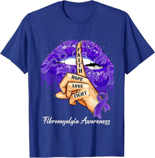 Faith Hope Love Fight Purple Ribbon Fibromyalgia Awareness T-Shirt - T-Shirt | Royal