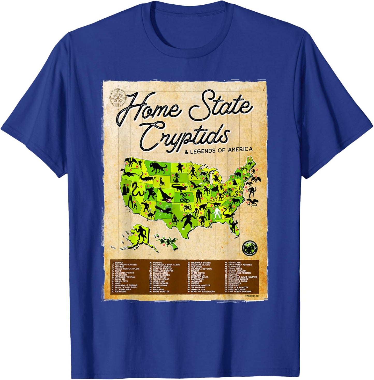 Home State Cryptids & Legends of America Cryptozoology Map T-Shirt - T-Shirt | Royal