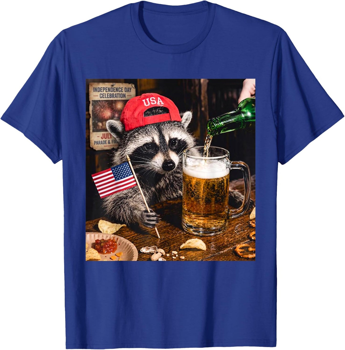 Funny Raccoon Drinking Beer Patriotic USA Flag 4th of July T-Shirt - T-Shirt | Royal