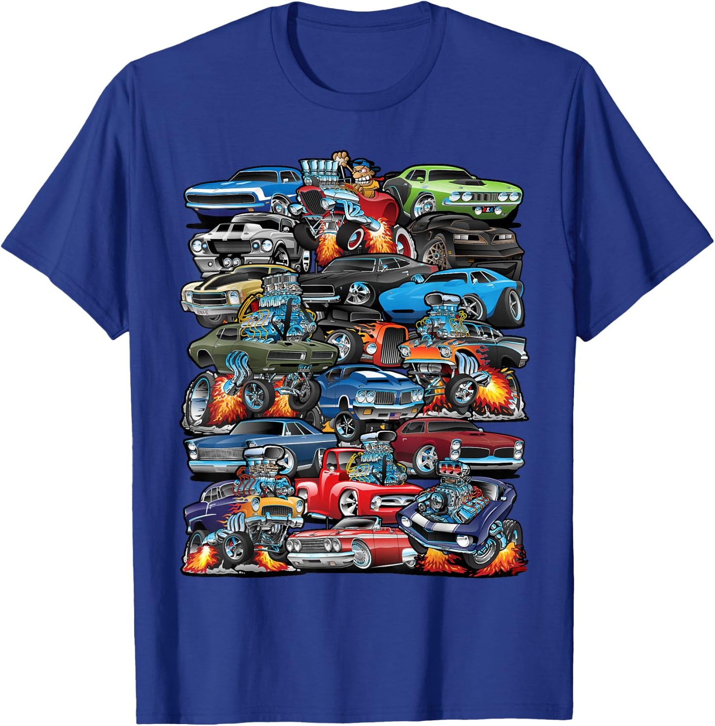 Car Madness! Muscle Cars Classic Cars and Hotrods Cartoon T-Shirt - T-Shirt | Royal