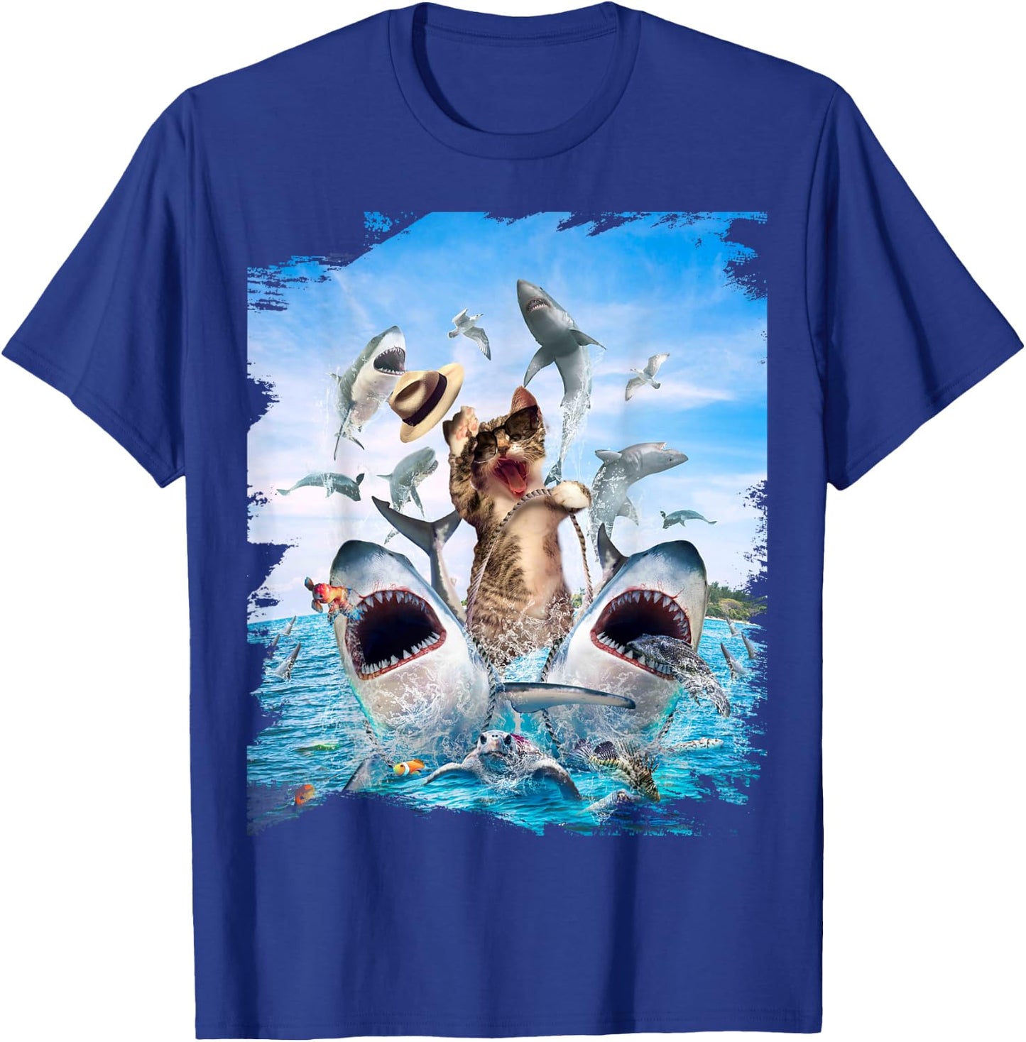 Cat Riding Shark, Beach Ocean Cats Sharks, Sunglasses Funny T-Shirt - T-Shirt | Royal