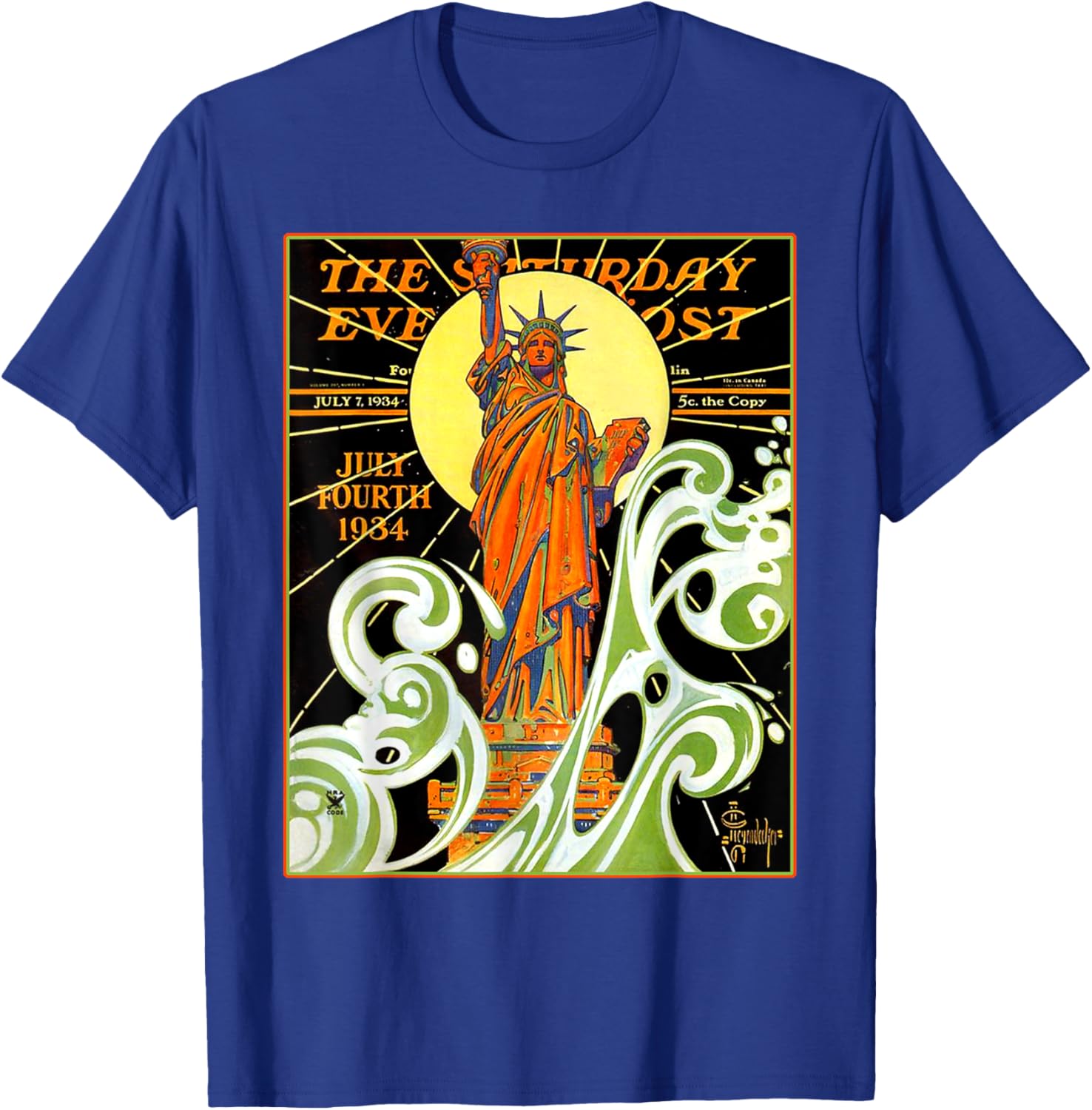 Lady Liberty Statue Of Liberty Waves NYC New York Vintage T-Shirt - T-Shirt | Royal