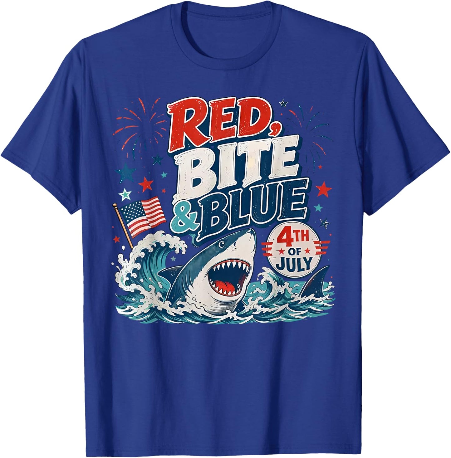 Red Bite & Blue Shark Funny 4th of July Patriotic Summer T-Shirt - T-Shirt | Royal