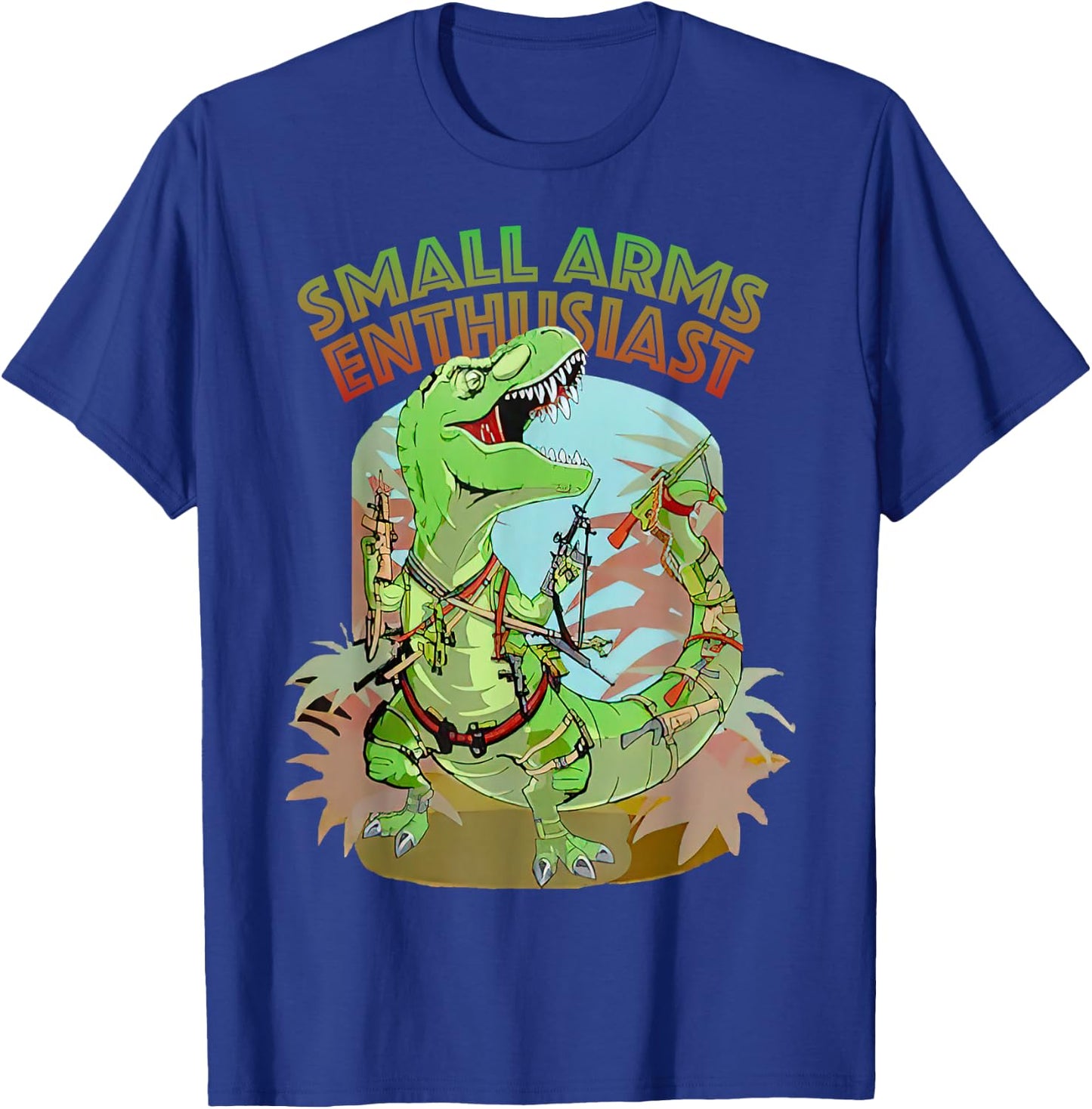 Small Arms Enthusiast Funny T-rex Dinosaur Gun T-Shirt - T-Shirt | Royal