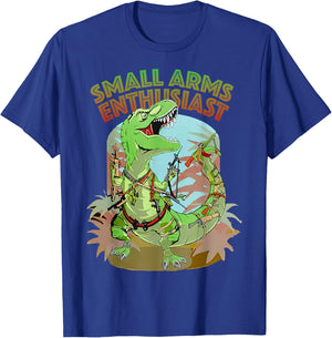 Small Arms Enthusiast Funny T-rex Dinosaur Gun T-Shirt - T-Shirt | Royal