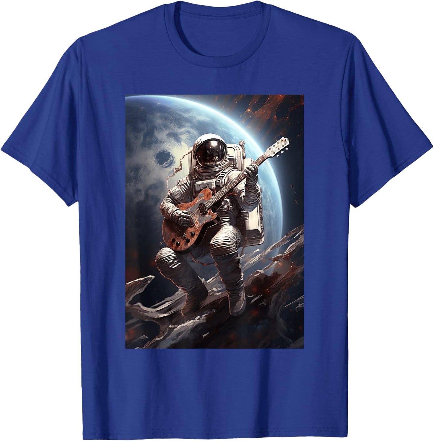Astronaut Playing Guitar With A Space With Spaceship T-Shirt - T-Shirt | Royal