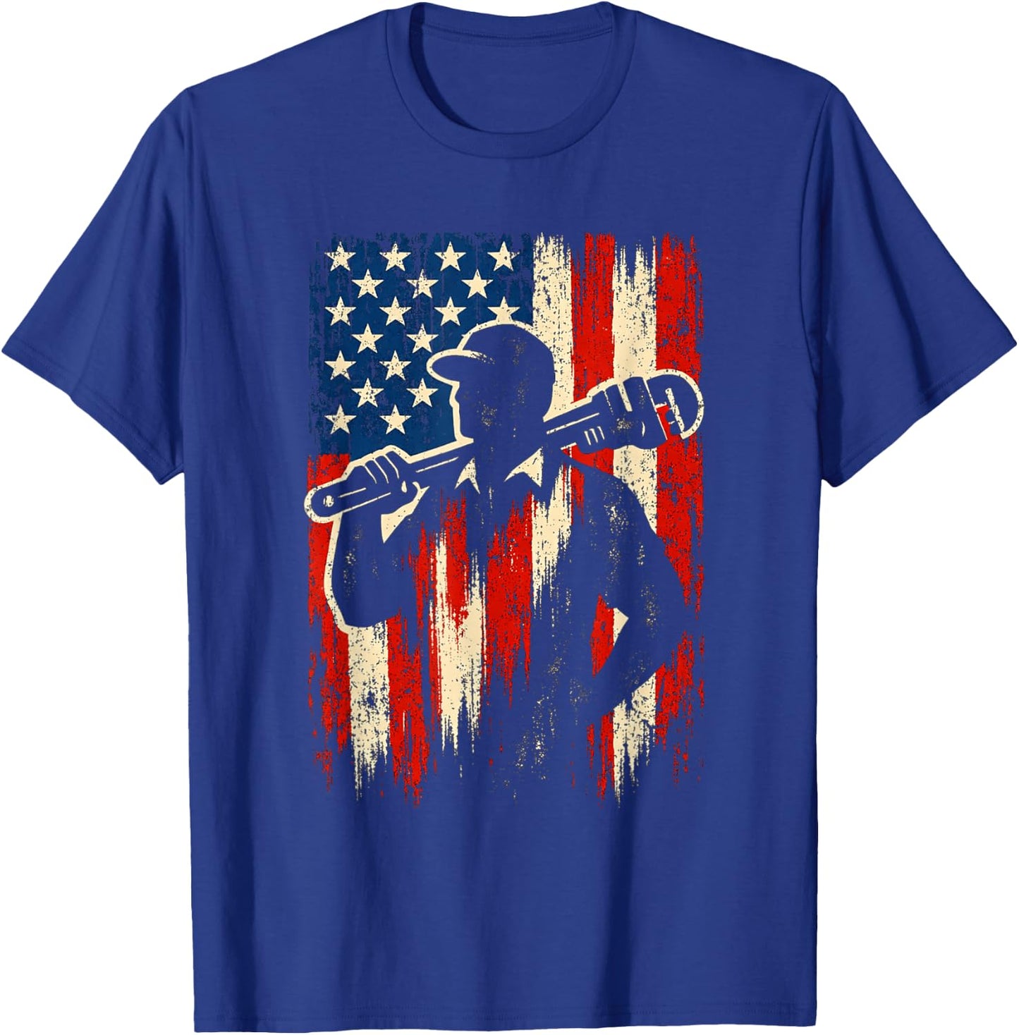 American Flag Plumber Pipefitter Silhouette Pipe Wrench T-Shirt - T-Shirt | Royal