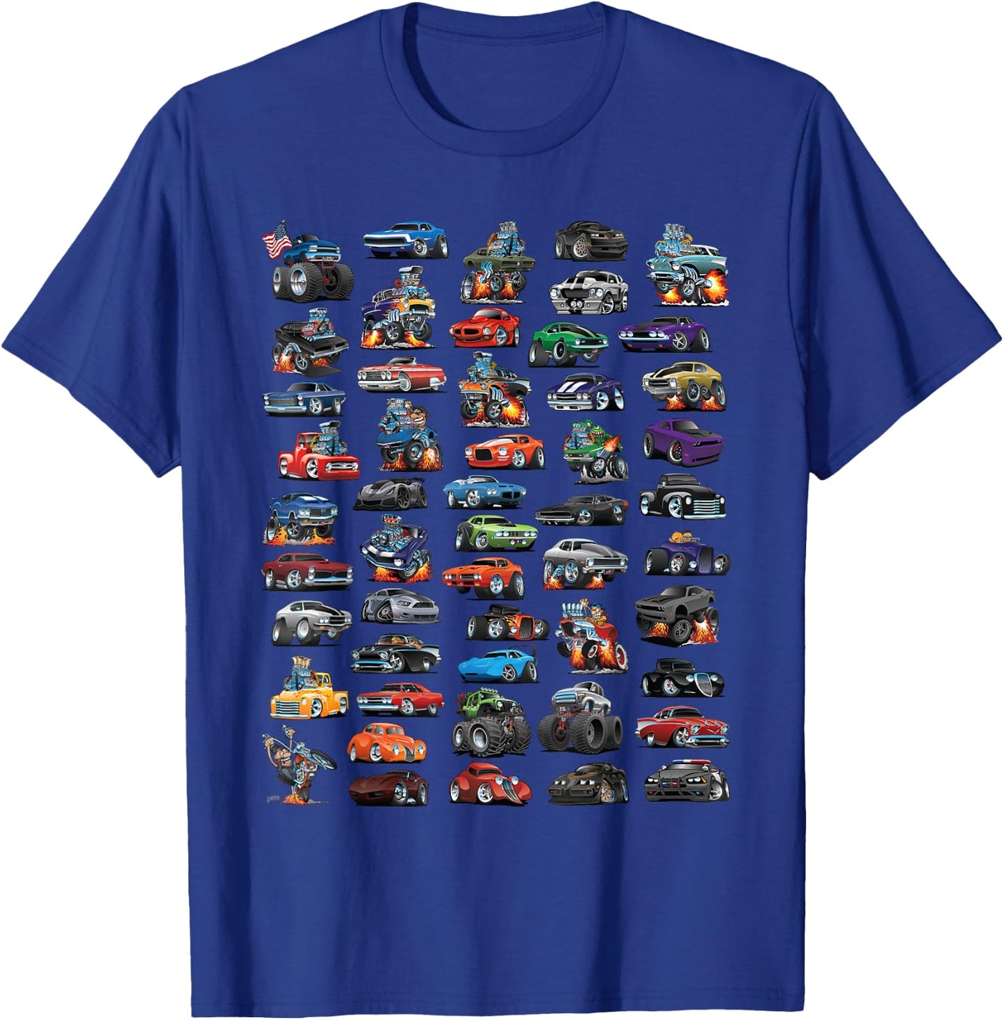 Classic Hotrod Muscle Car Street Rod and Truck Cartoon Art T-Shirt - T-Shirt | Royal