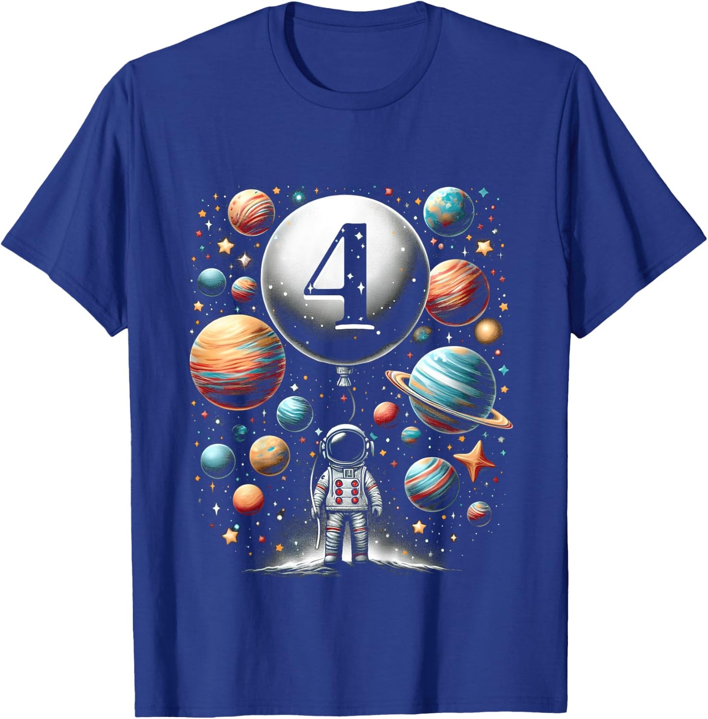 Kids Four 4 Year Old Astronauts 4th Birthday Boys Space Geeks T-Shirt - T-Shirt | Royal