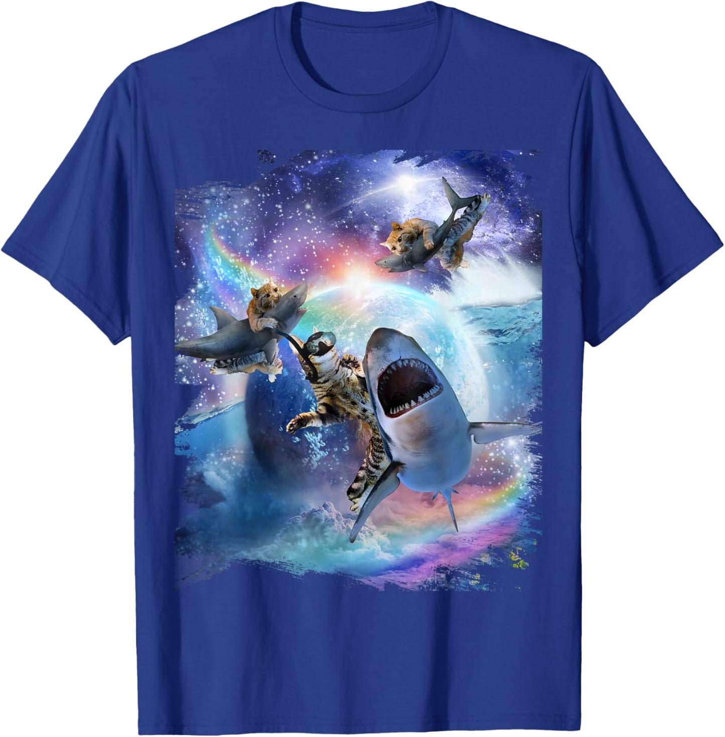 Rainbow Galaxy Cat Riding Shark in Space T-Shirt - T-Shirt | Royal
