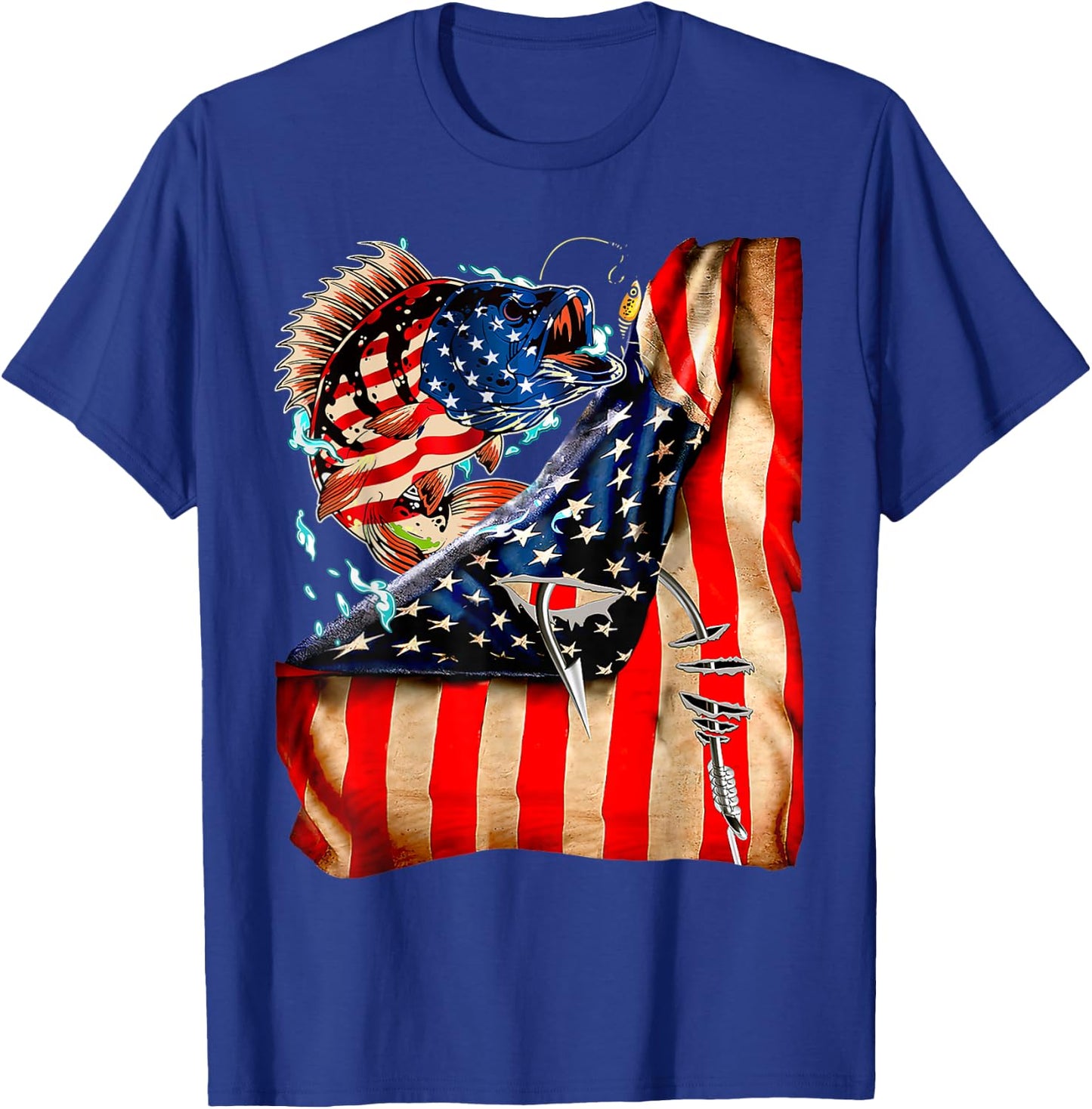 FUNNY 4th of JULY FISHING Fish American Flag ON BACK 98 T-Shirt - T-Shirt | Royal