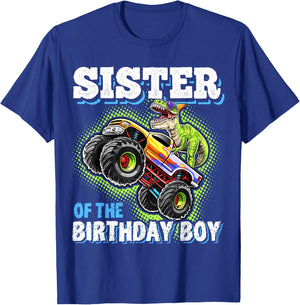 Sister of the Birthday Boy Dinosaur Monster Truck Birthday T-Shirt - T-Shirt | Royal